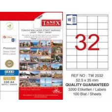 TANEX TW-2032 LAZER ETİKET 52,5X35 32Lİ 100 SAYFA ETİKET TANEX TW-2032 LAZER ETİKET 52,5X35 32Lİ 100 SAYFA ETİKET